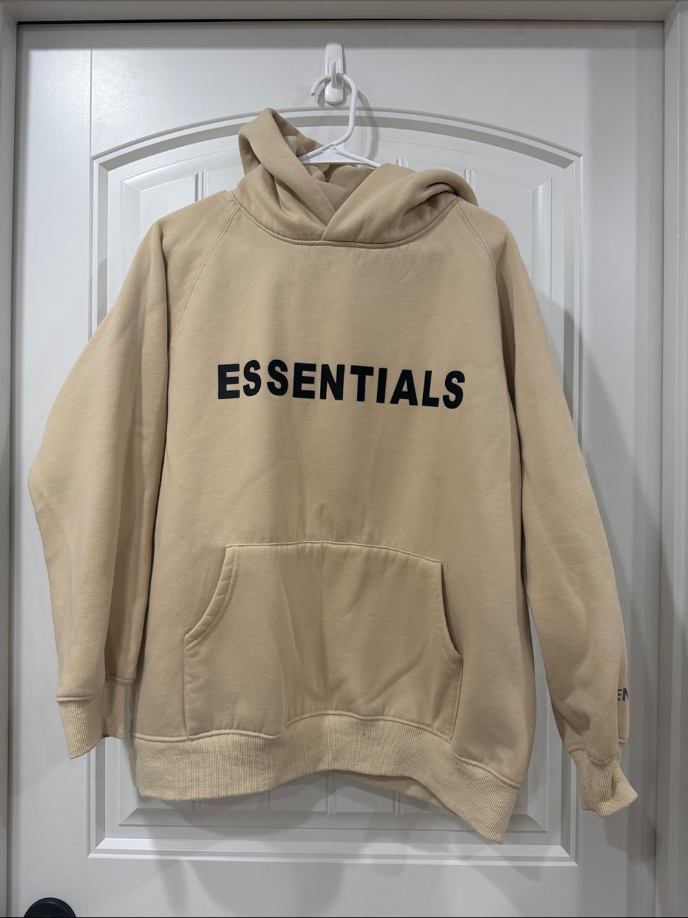 EUC Fear of God ESSENTIALS Beige Hoodie with Black Logo